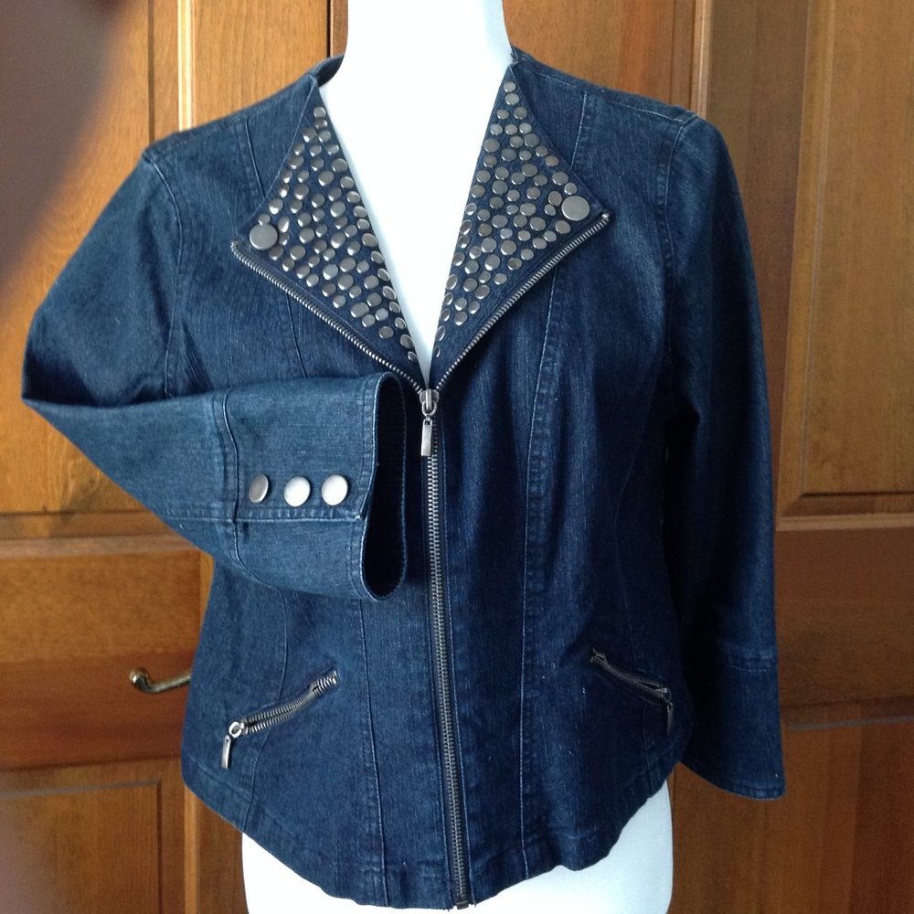Ruby Red Jean Jacket with Studded Collar, Zip Front & button cuffs, size 14P